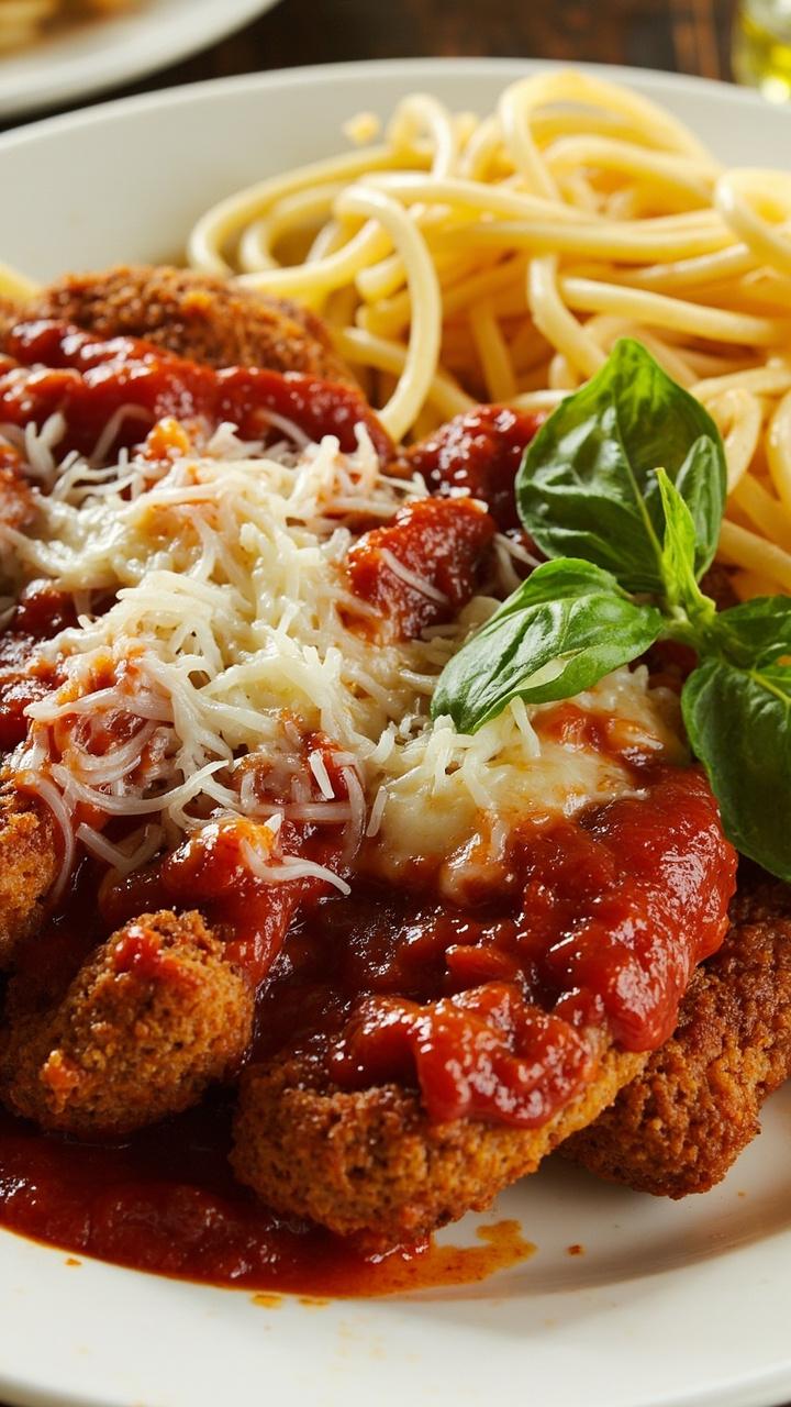 Breaded beef cutlets smothered in marinara and melted mozzarella, sprinkled with parmesan and fresh basil, served on a white platter. Twirls of spaghetti nestle on the side.