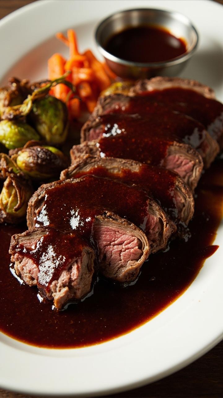 Sliced round steak glazed in a deep mahogany sauce, fanned out on a serving plate with roasted Brussels sprouts and baby carrots beside. A small bowl of extra glaze sits nearby.