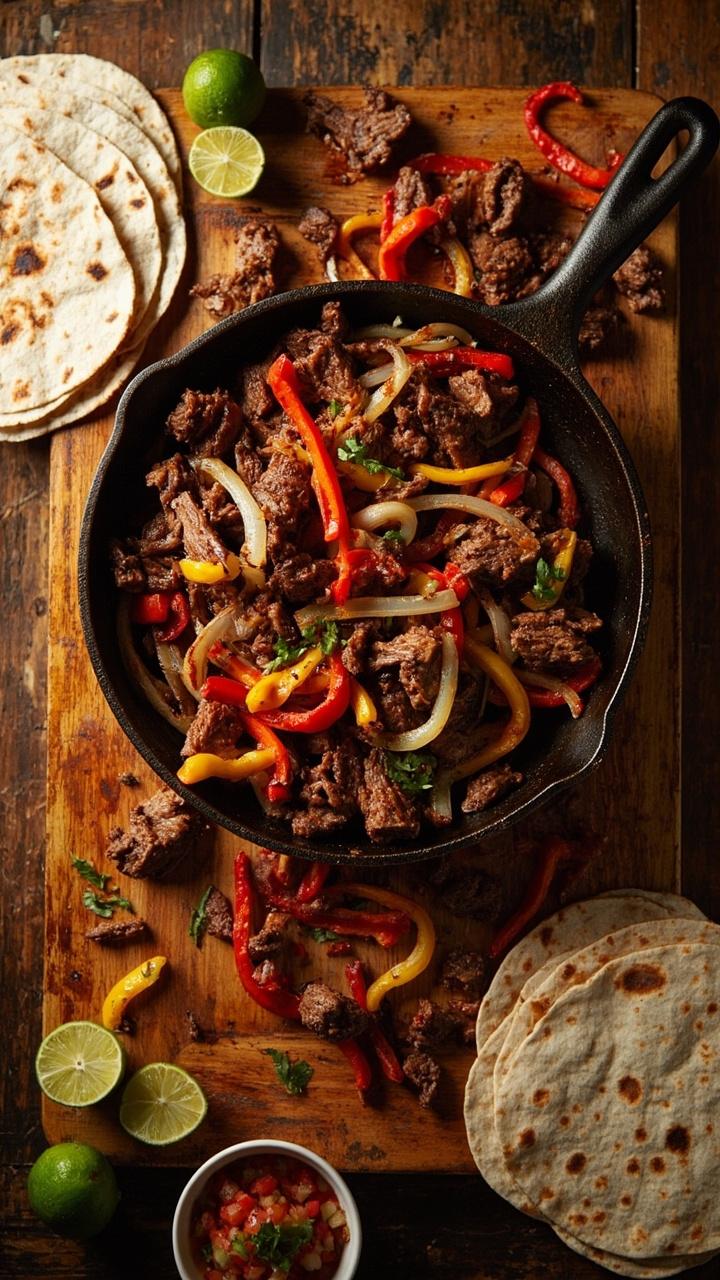 Sizzling strips of steak, red and yellow bell peppers, and onions spilling out of a rustic skillet onto a wooden board. Soft flour tortillas, limes, and salsa are arranged around for serving.
