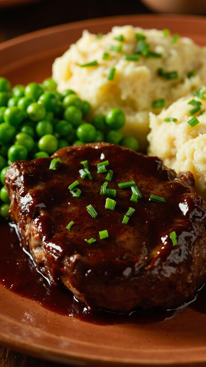 Large pieces of round steak covered in thick, glossy brown gravy on a warm stoneware plate, with peas and mashed potatoes beside. Fresh chives add a little green.