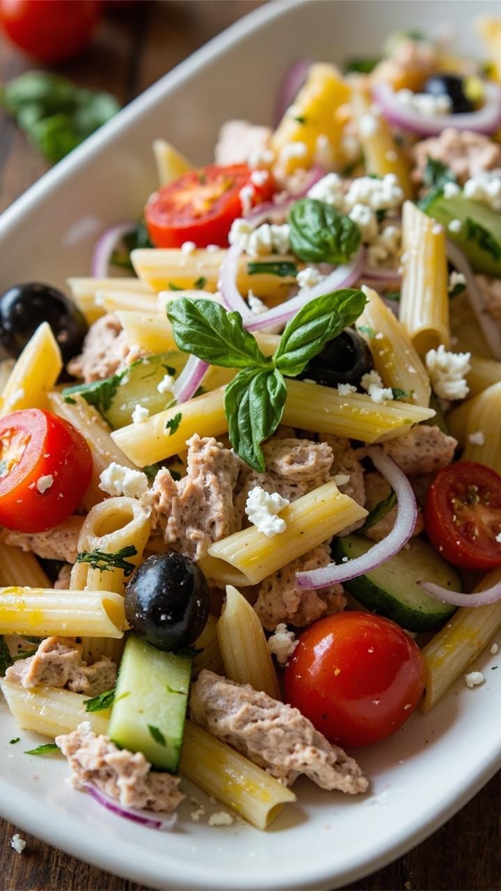 A shallow ceramic platter with penne pasta tossed with tuna, cherry tomatoes, black olives, diced cucumber, and red onion. Garnished with feta crumbles and chopped fresh basil. A drizzle of olive oil glistens on top.