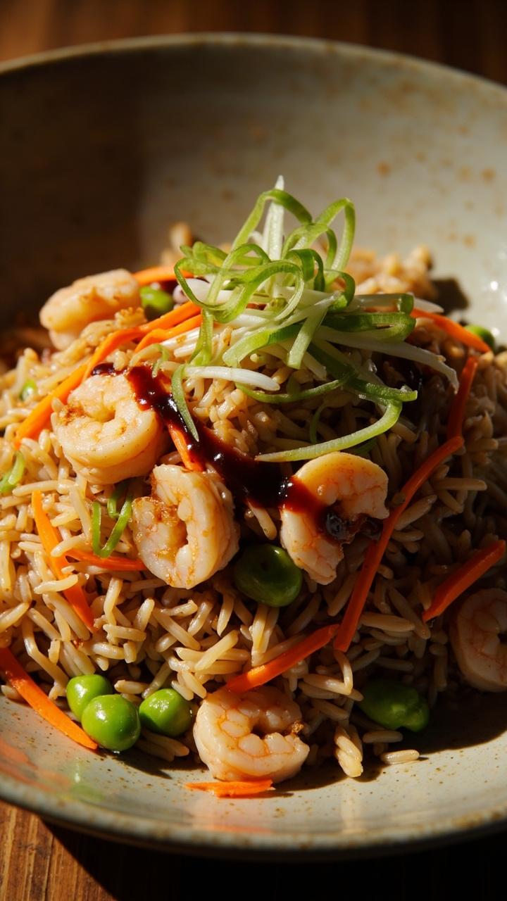 A pile of golden-brown fried rice dotted with green edamame, pink shrimp, chopped carrots, and sliced green onions, with a drizzle of soy sauce and sesame seeds. Served in a wide, shallow ceramic bowl.
