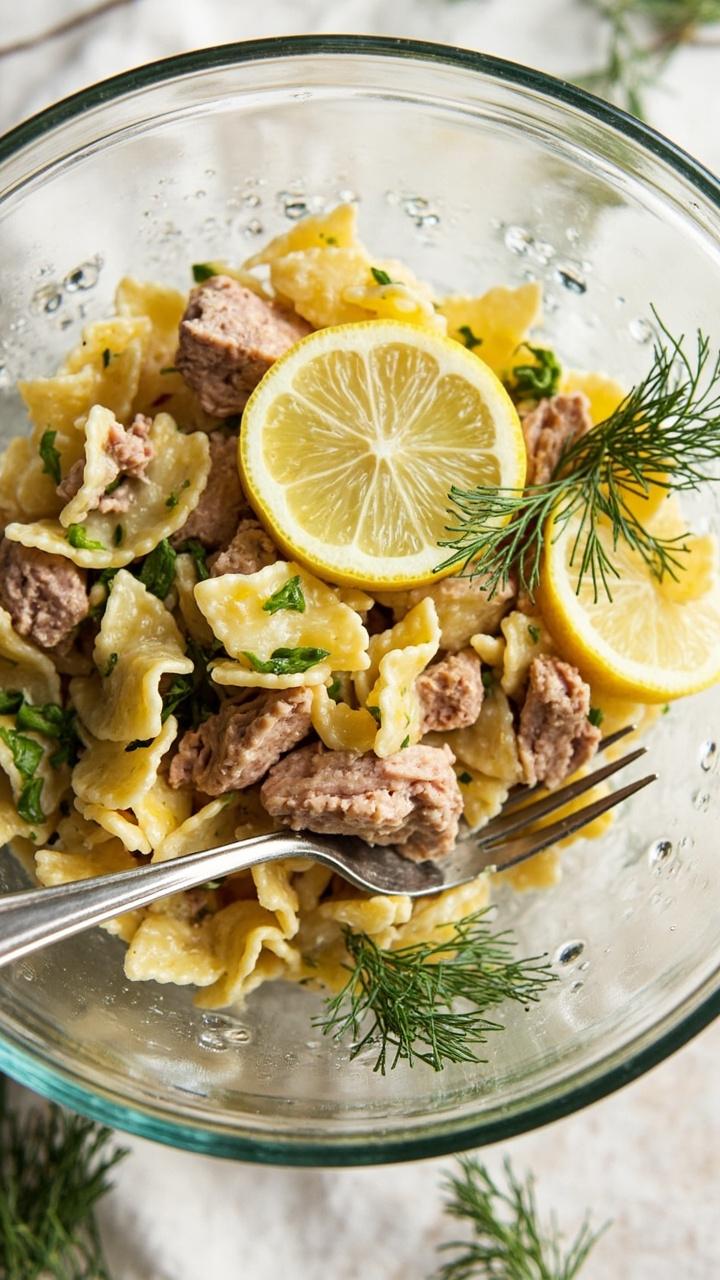A vintage glass mixing bowl filled with farfalle pasta, pink tuna chunks, and green flecks of fresh dill. Lemon slices and dill sprigs decorate the top. The salad is chilled and served with a silver fork beside it.