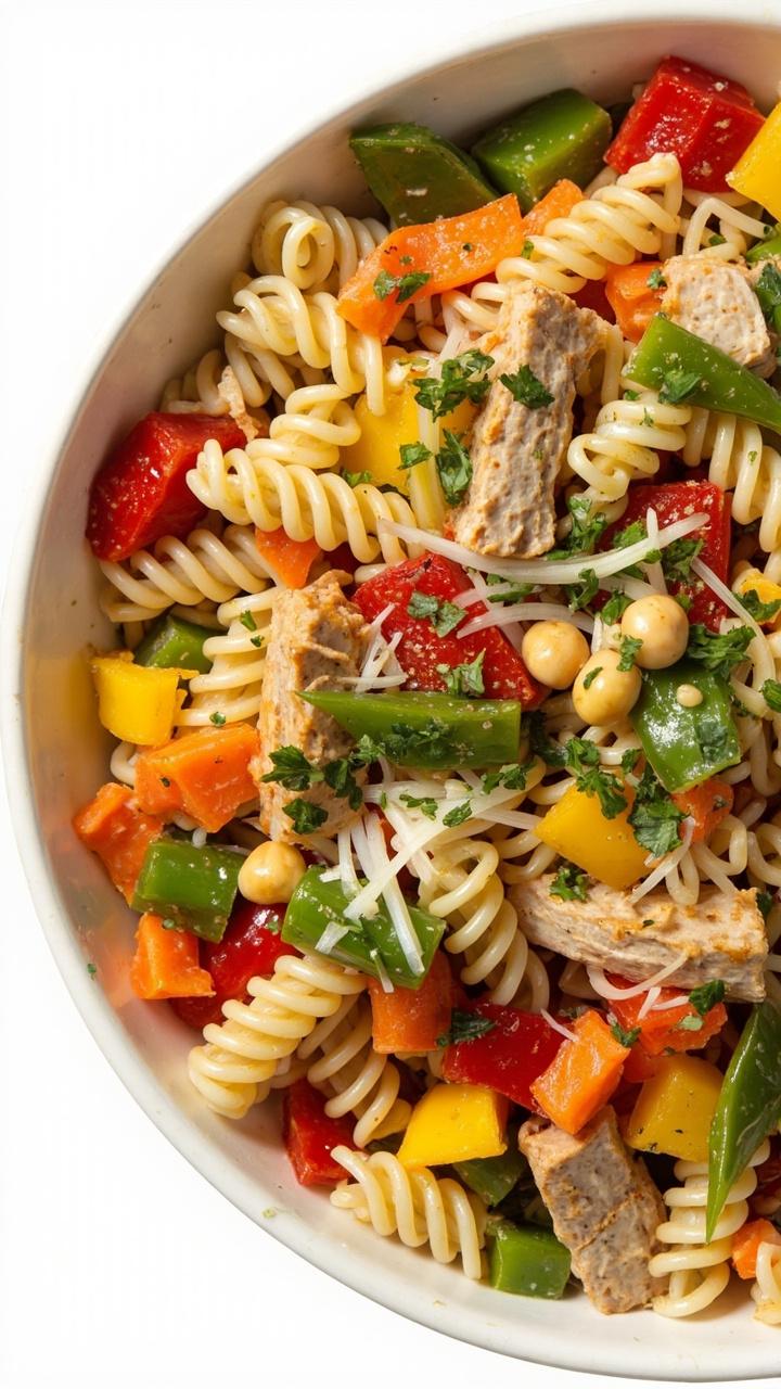 A large white bowl with rotini pasta, colorful bell peppers, shredded carrots, sliced snap peas, chickpeas, and tuna, tossed with a glossy vinaigrette. Green onion and parsley are sprinkled on top.