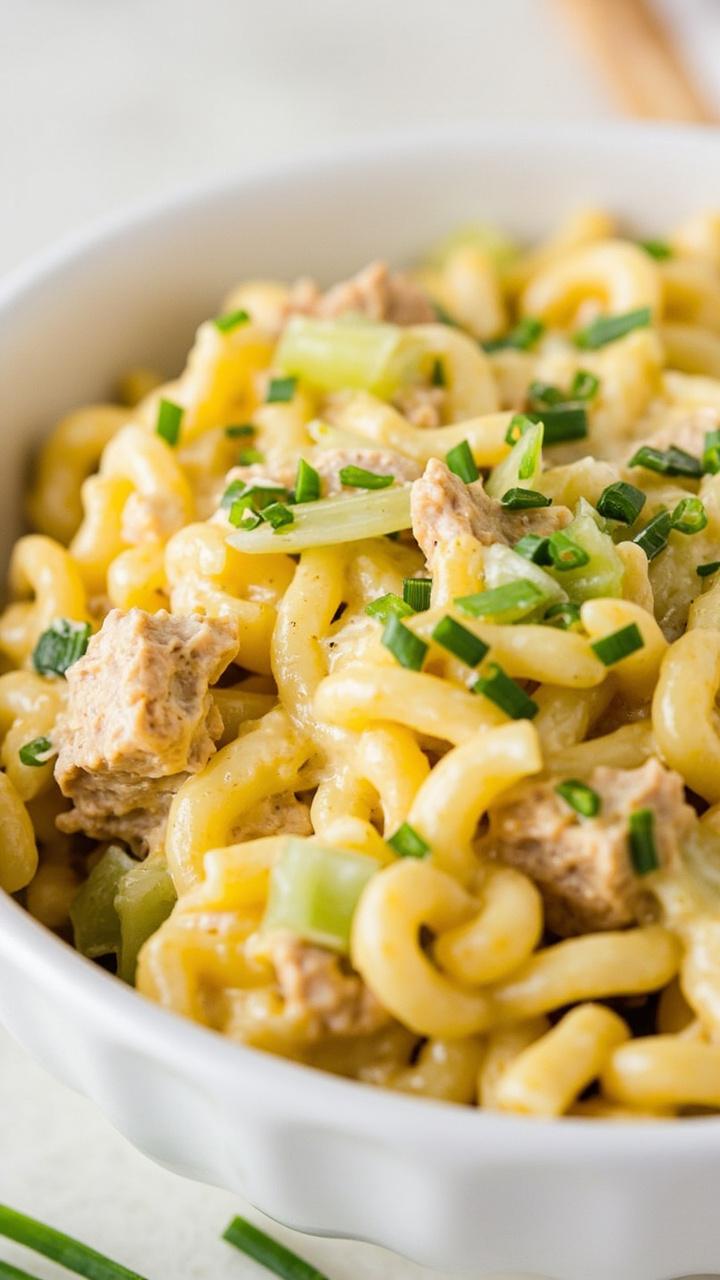A simple white pasta bowl filled with macaroni, tuna, diced celery, and chopped hard-boiled egg, all coated in a creamy, yellow-tinged dressing. Chopped chives sprinkled across the top.