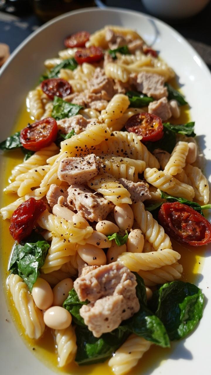A shallow oval platter with short pasta (like rigatoni), white beans, tuna, bright sun-dried tomatoes, and fresh spinach. Drizzled lightly with olive oil and dusted with cracked black pepper.