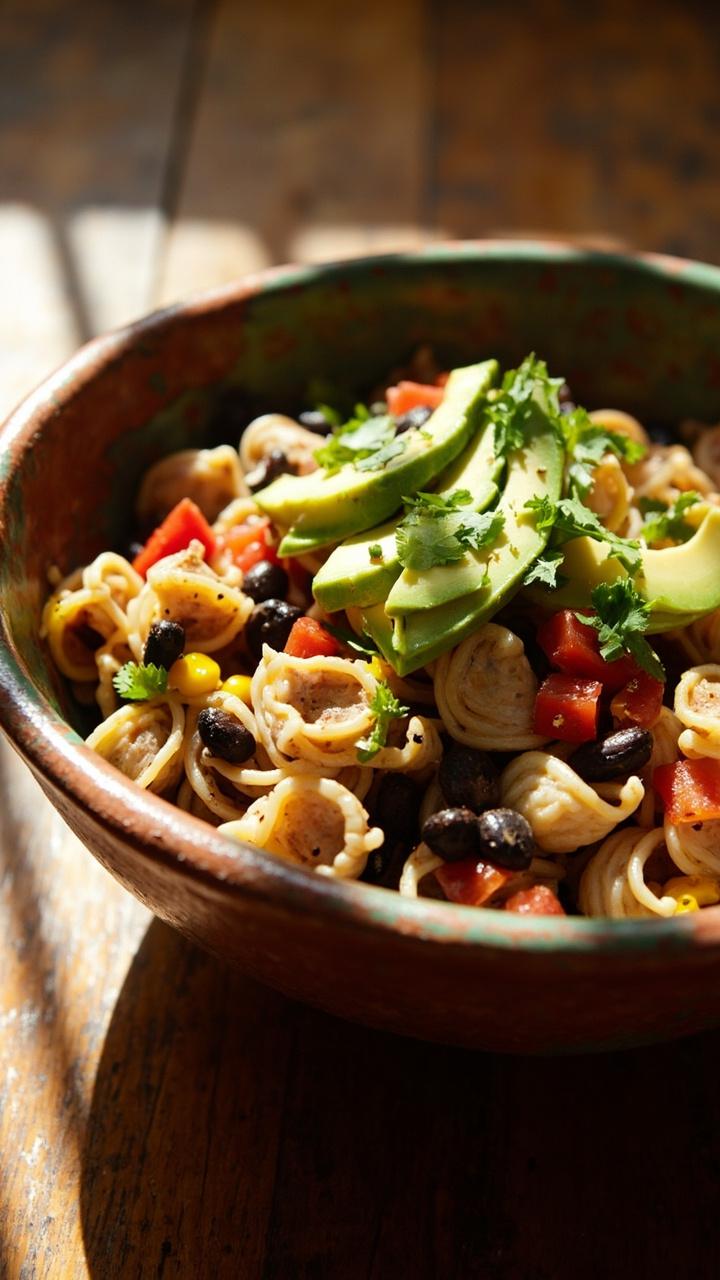 A rustic earthenware bowl with small shell pasta, tuna, black beans, corn kernels, red bell pepper, and a light orange chipotle-lime dressing. Sliced avocado and chopped cilantro on top.