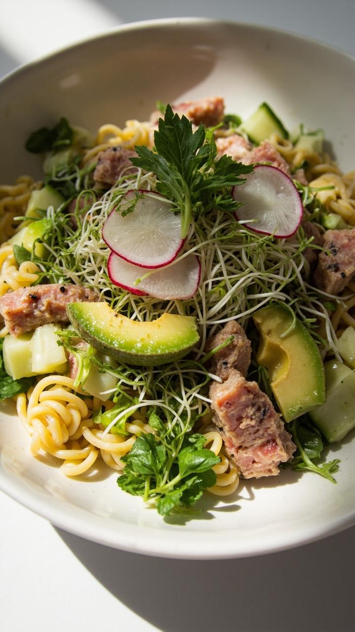 A wide, shallow bowl with spiraled pasta, chunks of avocado, flakes of tuna, diced cucumber, and a handful of microgreens. Sliced radishes and extra herbs accent the top.