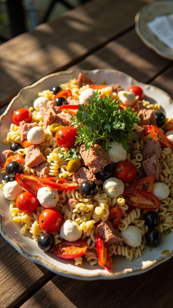A large serving platter with rotini pasta, tuna, cherry tomatoes, diced salami, mozzarella balls, roasted red peppers, black olives, and pepperoncini, all lightly dressed. Parsley scattered across.