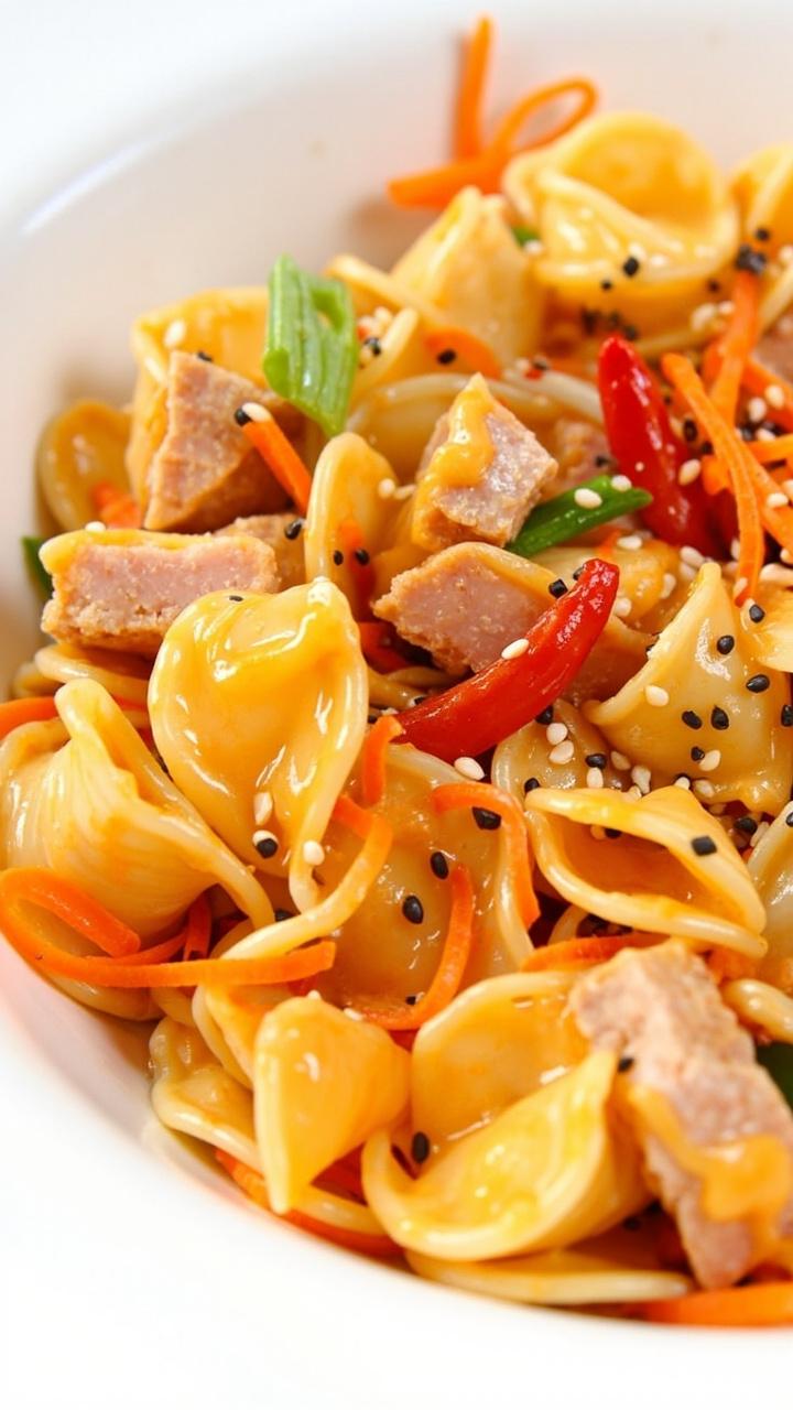 A white, shallow salad bowl with shell pasta, tuna, julienned carrots, sliced scallions, and a creamy light-orange sriracha dressing. A sprinkle of sesame seeds and thin chili slices as garnish.