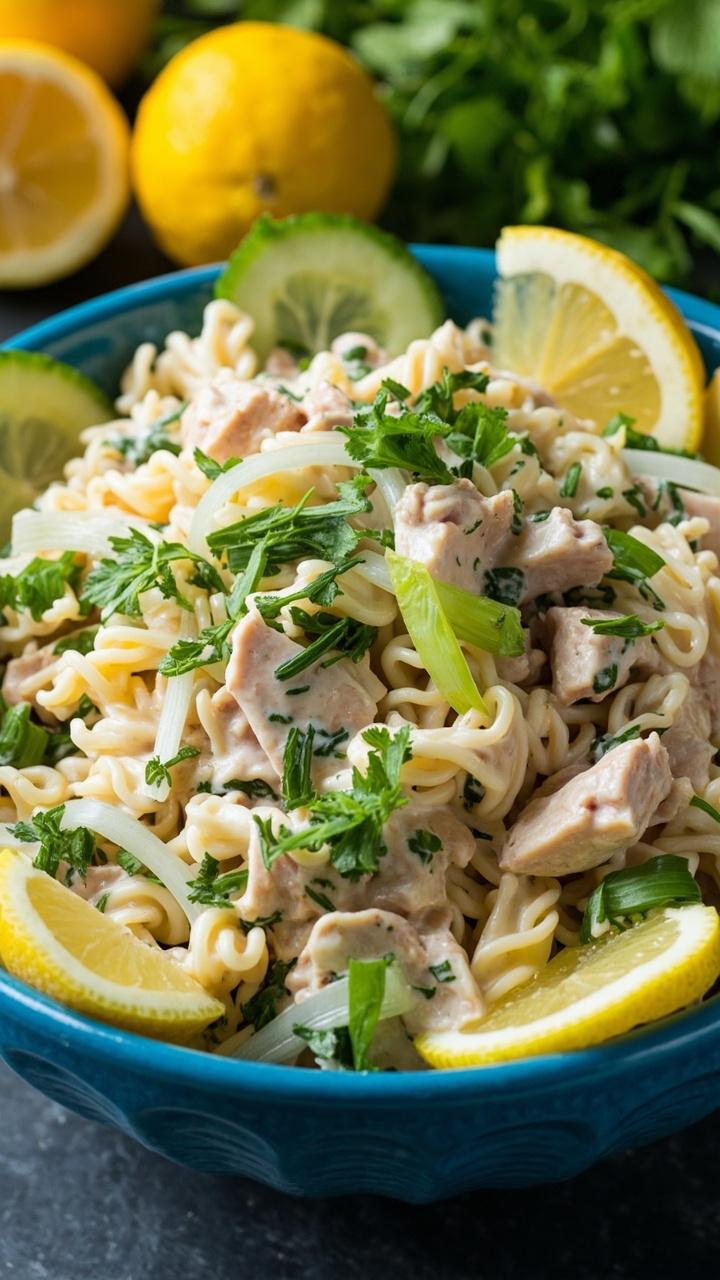 A blue ceramic bowl filled with small pasta shapes, tuna, chopped parsley, dill, mint, scallions, and sliced cucumbers. White creamy dressing coats the salad and fresh lemon wedges are arranged around the rim.