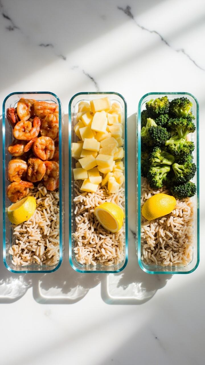 Three rectangular glass meal prep containers each filled with honey-glazed shrimp, fluffy brown rice, steamed broccoli, and a lemon wedge, neatly organized side by side.