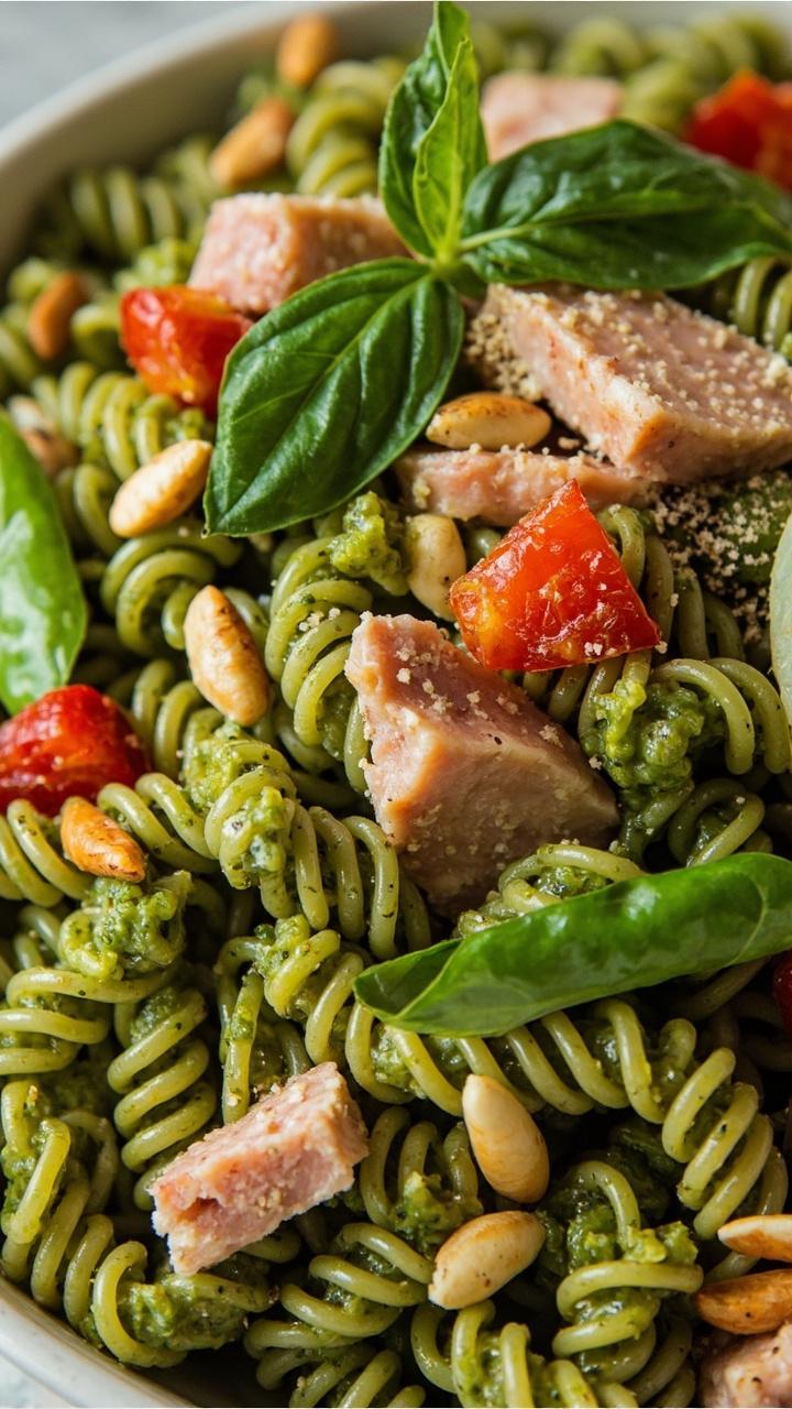 A bowl mounded with spiral pasta covered in green pesto, flaked tuna, chopped red pepper, sliced snap peas, and toasted pine nuts on top. Extra basil leaves garnish the dish.