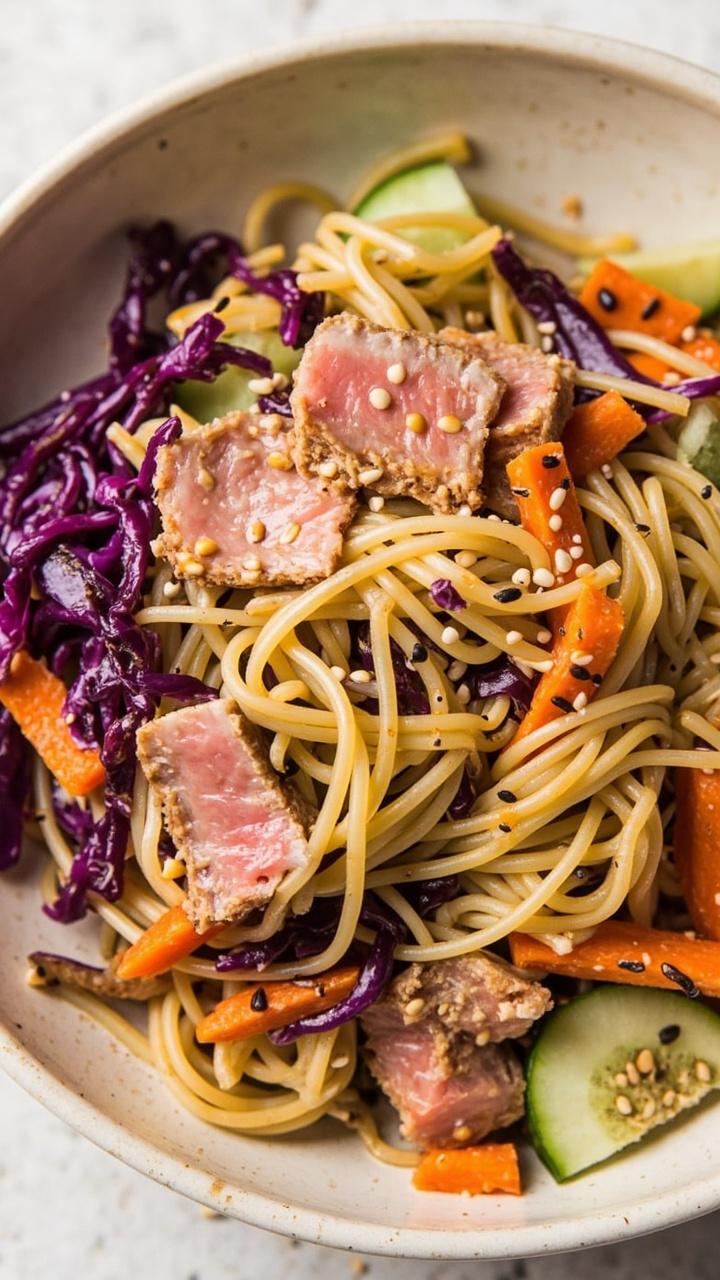A shallow bowl with spaghetti noodles, flakes of tuna, shredded purple cabbage, matchstick carrots, and sliced cucumber. Light sesame-soy dressing glazes the ingredients, and toasted sesame seeds are sprinkled over the top.