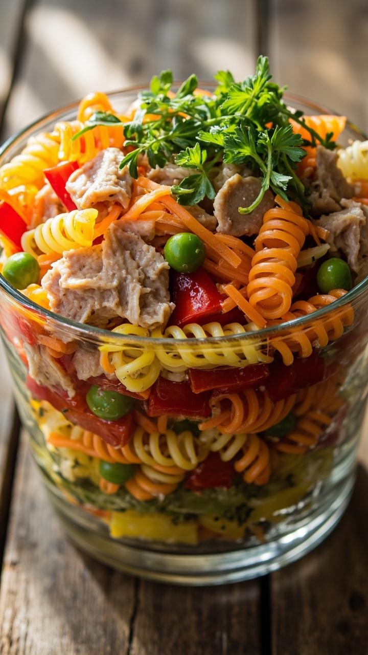 A clear glass bowl layered with tri-color rotini, colorful peppers, green peas, shredded carrot, flaked tuna, and a clear, glistening vinaigrette. Extra chopped herbs brighten the top.
