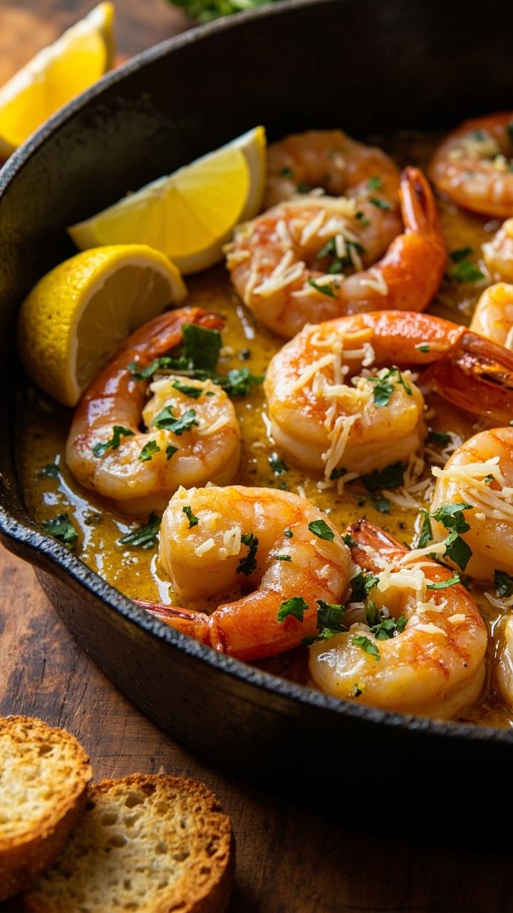 A black cast-iron skillet piled high with plump shrimp, glistening in garlic butter and sprinkled with finely grated parmesan and fresh parsley. Lemon wedges sit around the edge, and a few toasted bread slices are on the side of the wooden board.