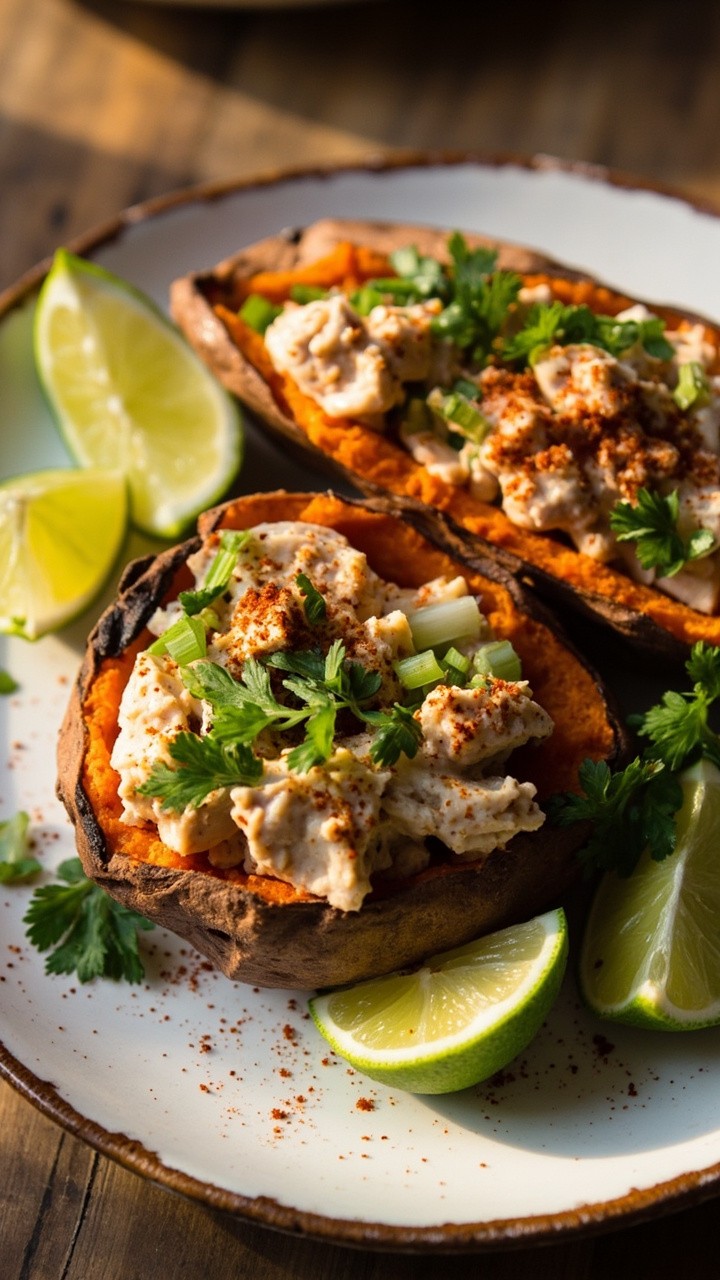 Baked sweet potatoes split open on a plate, each filled with a creamy, spicy tuna salad, topped with chopped scallions and fresh cilantro. Lime wedges are scattered nearby, with a sprinkle of paprika on top. Baked sweet potatoes split open on a plate, each filled with a creamy, spicy tuna salad, topped with chopped scallions and fresh cilantro. Lime wedges are scattered nearby, with a sprinkle of paprika on top.