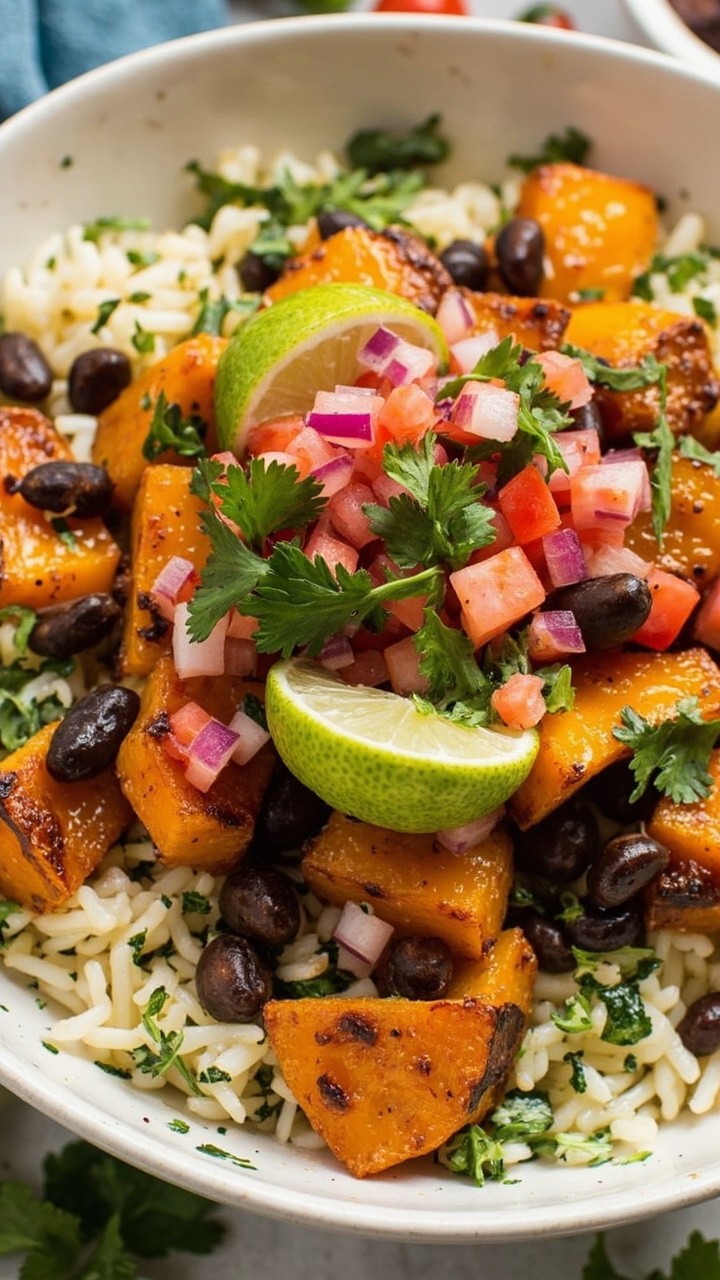 A wide bowl with a base of cilantro rice, chunks of roasted orange butternut squash, spoonfuls of black beans, fresh tomato salsa with diced red onion and cilantro, and lime wedges on top.