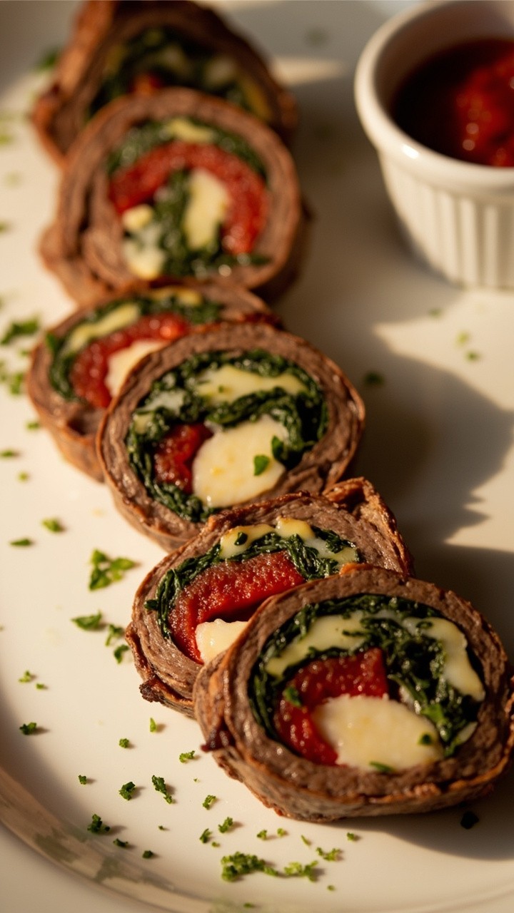 Flank steak rolls sliced into thick pinwheels, each revealing a spiral of green spinach, white cheese, and bright red roasted pepper. Rolls are staked closely on a white platter and dusted with chopped parsley. A small ramekin of tomato sauce sits alongside.