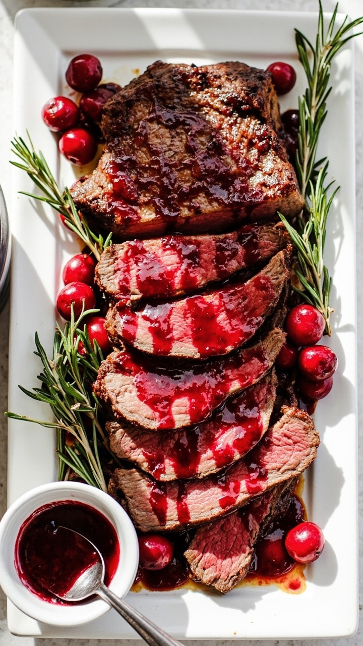 Sliced medium-rare steak drizzled with a glossy deep red cranberry glaze, arranged on a white rectangle platter. Garnished with fresh cranberries and rosemary sprigs. A spoon sits in a bowl of extra glaze nearby.