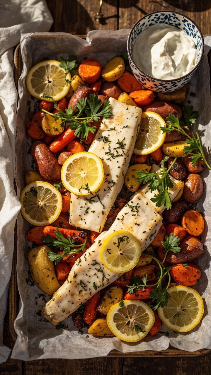 Flaky white cod fillets nestled among golden roasted carrots, parsnips, and red potatoes, topped with thin lemon rounds and fresh sprigs of parsley, all on a parchment-lined sheet pan. Guests see a rustic wooden table with a linen napkin and a bowl of herby yogurt sauce on the side. Flaky white cod fillets nestled among golden roasted carrots, parsnips, and red potatoes, topped with thin lemon rounds and fresh sprigs of parsley, all on a parchment-lined sheet pan. Guests see a rustic wooden table with a linen napkin and a bowl of herby yogurt sauce on the side.