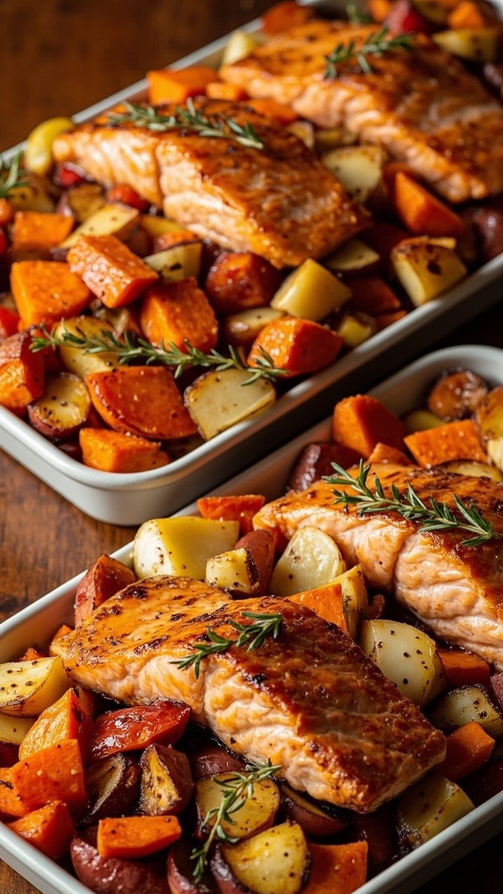 A baking tray layered with chunky roasted carrots, parsnips, and sweet potatoes below, with salmon fillets nestled on top. Everything is caramelized and garnished with fresh thyme sprigs. Served on white stoneware dishes.