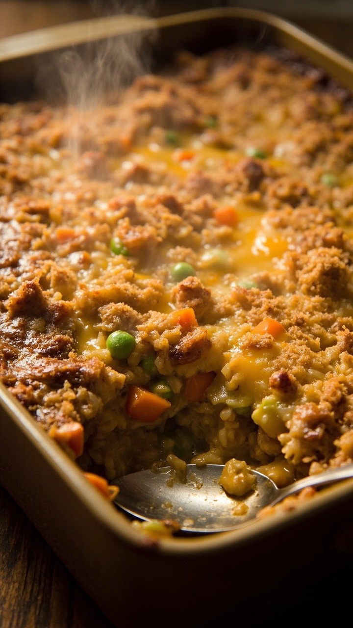 A square baking dish filled with a bubbling, golden-topped brown rice casserole, with visible pieces of tuna, peas, and carrots. The surface is dotted with melted cheese and sprinkled with breadcrumbs, paired with a spoon ready to serve. A square baking dish filled with a bubbling, golden-topped brown rice casserole, with visible pieces of tuna, peas, and carrots. The surface is dotted with melted cheese and sprinkled with breadcrumbs, paired with a spoon ready to serve.