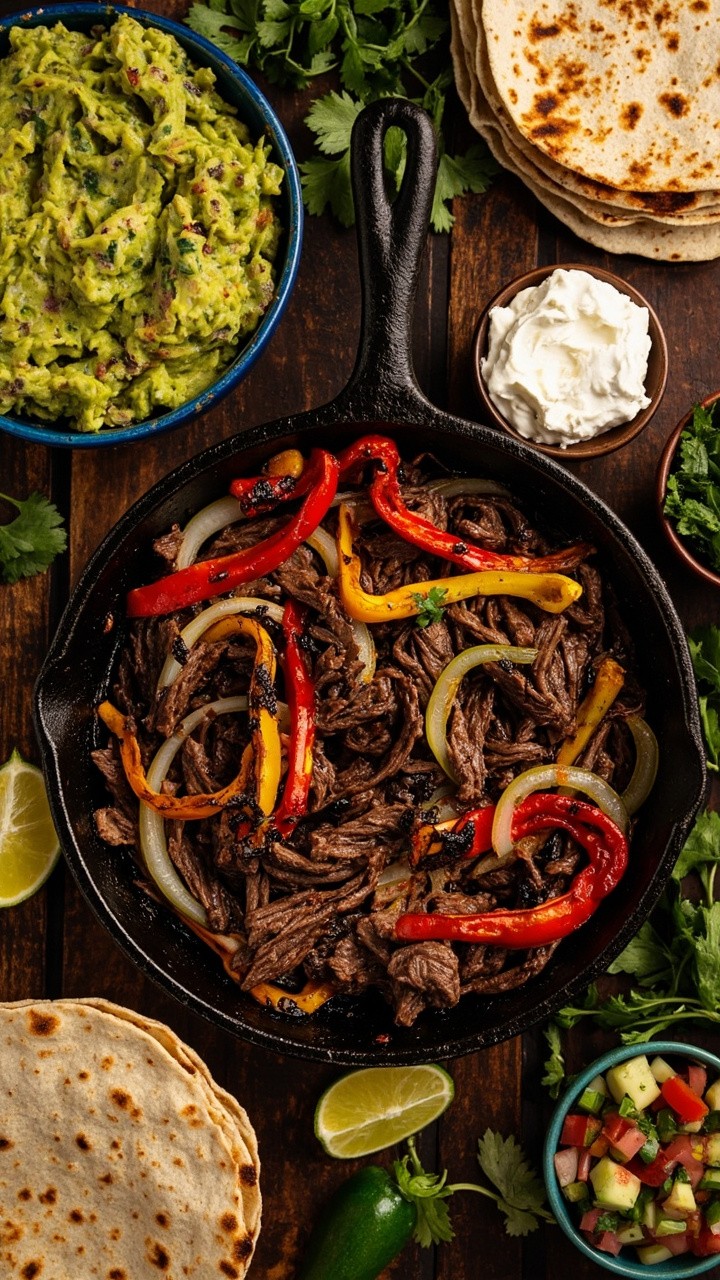 Skillet-seared steak strips, charred bell peppers, and onions spill out of a cast iron pan. Warm flour tortillas are stacked alongside, with bowls of salsa, sour cream, and guacamole. Lime wedges and cilantro leaves finish the spread.