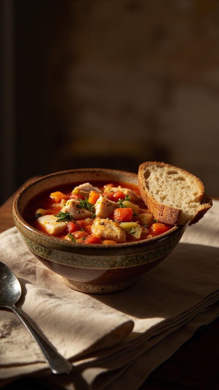 A rustic bowl filled with chunks of cod in a chunky tomato and vegetable broth, topped with chopped parsley. A slice of crusty bread leans on the bowl’s rim. The table is set simply with a spoon and a cozy napkin. A rustic bowl filled with chunks of cod in a chunky tomato and vegetable broth, topped with chopped parsley. A slice of crusty bread leans on the bowl’s rim. The table is set simply with a spoon and a cozy napkin.