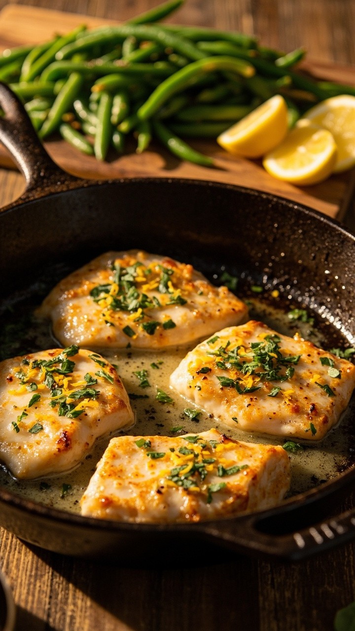 Golden seared cod fillets in a cast iron skillet, glossy with garlic butter and scattered with fresh parsley and lemon zest. Presented right from the pan, with a side dish of steamed green beans and a few lemon wedges on the board. Golden seared cod fillets in a cast iron skillet, glossy with garlic butter and scattered with fresh parsley and lemon zest. Presented right from the pan, with a side dish of steamed green beans and a few lemon wedges on the board.