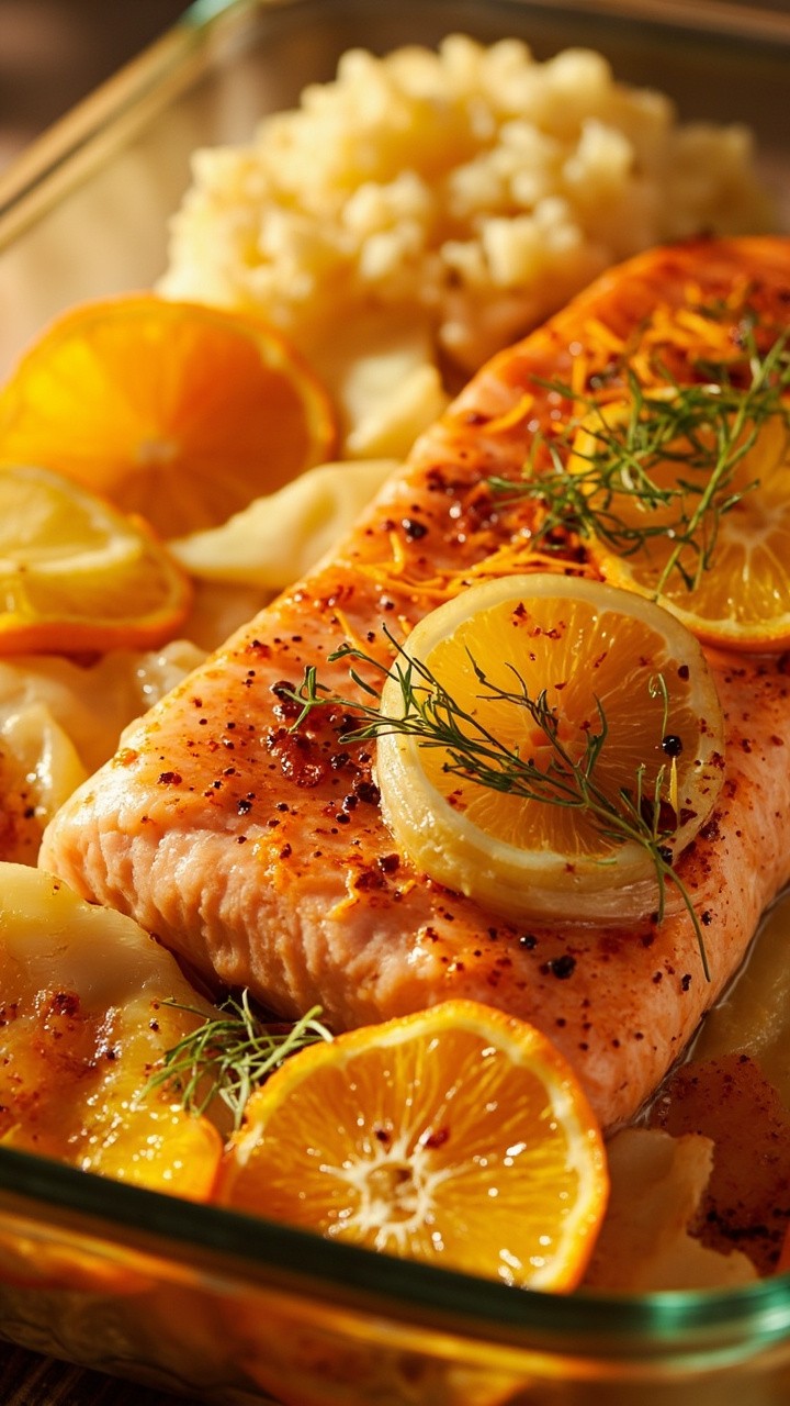 Thinly sliced fennel and rounds of orange under and over a salmon fillet, all lightly baked in a glass dish. The salmon is garnished with fronds of fennel and extra orange zest, served with a side of fluffy couscous.