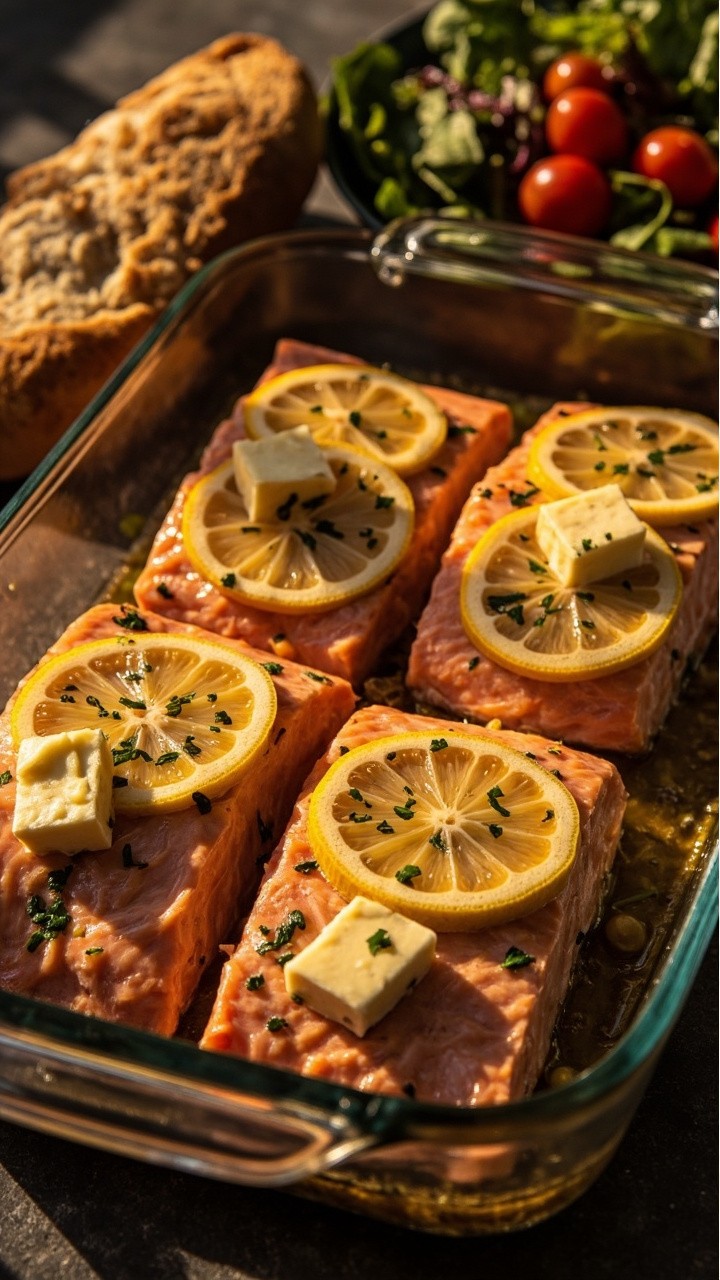 Four salmon fillets nestled in a glass baking dish, dotted with melting pats of golden butter and flecks of fresh minced garlic. Thin lemon rounds and bits of parsley scattered on top. Served with a simple side salad and a chunk of rustic bread.