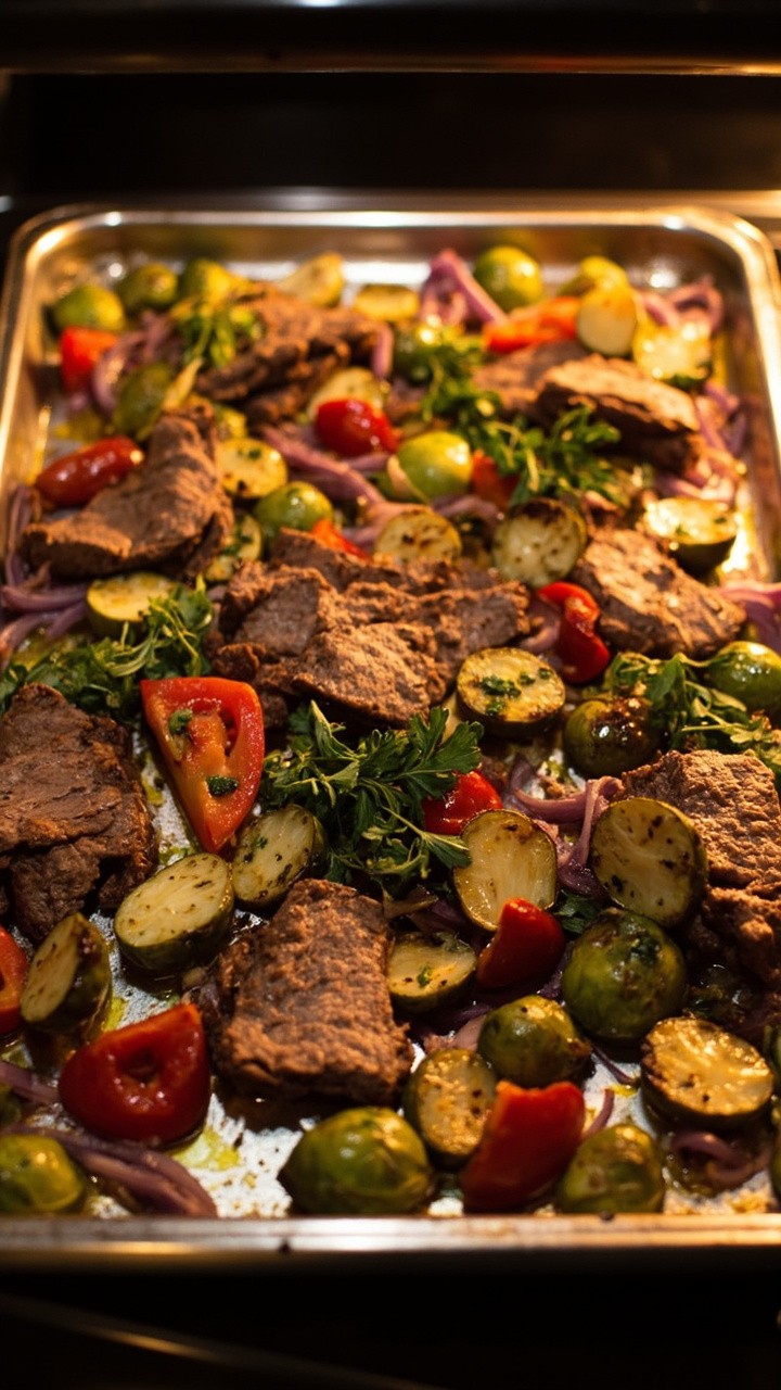 A metal sheet pan lined with sliced steak strips, vibrant Brussels sprouts, red bell peppers, fingerling potatoes, and red onion halves. Everything is tossed in olive oil and herbs, slightly caramelized. Fresh parsley is sprinkled over for color.