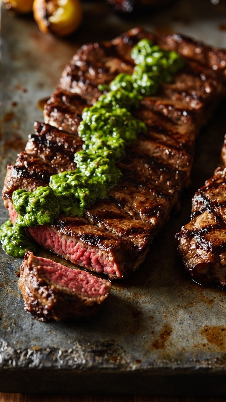 Grilled ribeye steaks, crisscrossed with grill marks, sliced and fanned out on a stone slab. Juicy, vivid green chimichurri sauce pools on top. A few grilled shishito peppers are arranged off to one side of the steak.