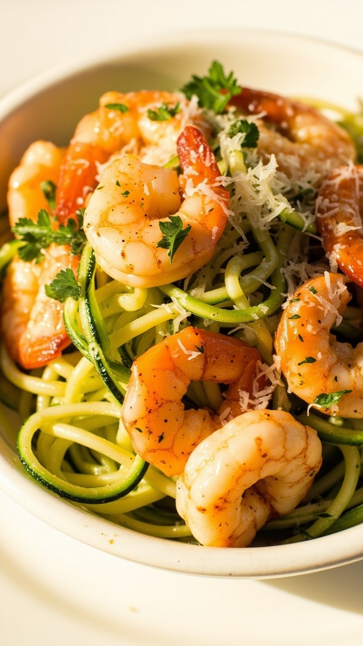 Juicy shrimp curling around green zucchini noodles, finished with flecks of parsley, lemon zest, and a light scattering of parmesan in a white shallow bowl. Juicy shrimp curling around green zucchini noodles, finished with flecks of parsley, lemon zest, and a light scattering of parmesan in a white shallow bowl.