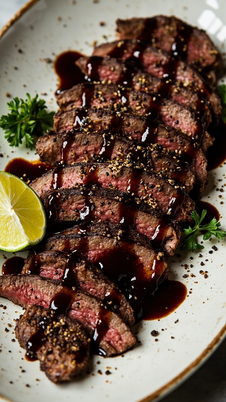 Thin slices of flank steak, crosshatched with grill marks, layered on a simple platter. A drizzle of deep brown balsamic glaze glistens over the meat, flecks of coarse black pepper and minced parsley brighten the dish. A wedge of lime sits nearby.