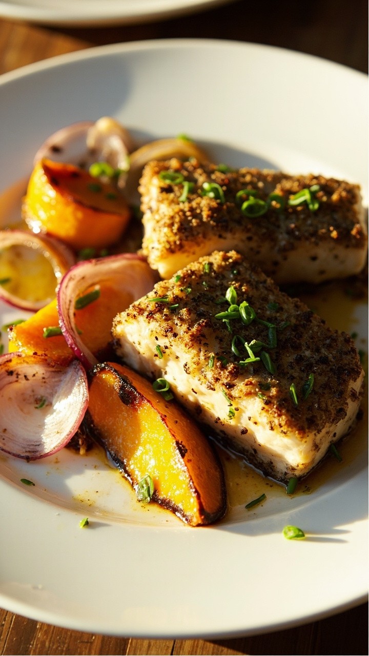 Plated roasted cod fillets covered in a green-herb crust, with wedges of golden roasted butternut squash and red onion arranged alongside. All served on a large white dinner plate with a scatter of finely chopped chives. Plated roasted cod fillets covered in a green-herb crust, with wedges of golden roasted butternut squash and red onion arranged alongside. All served on a large white dinner plate with a scatter of finely chopped chives.