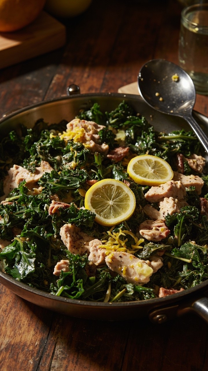 A nonstick skillet filled with wilted kale leaves, big flaked tuna, and a creamy pale sauce, with zest and lemon slices scattered for garnish. A serving spoon rests beside. A nonstick skillet filled with wilted kale leaves, big flaked tuna, and a creamy pale sauce, with zest and lemon slices scattered for garnish. A serving spoon rests beside.