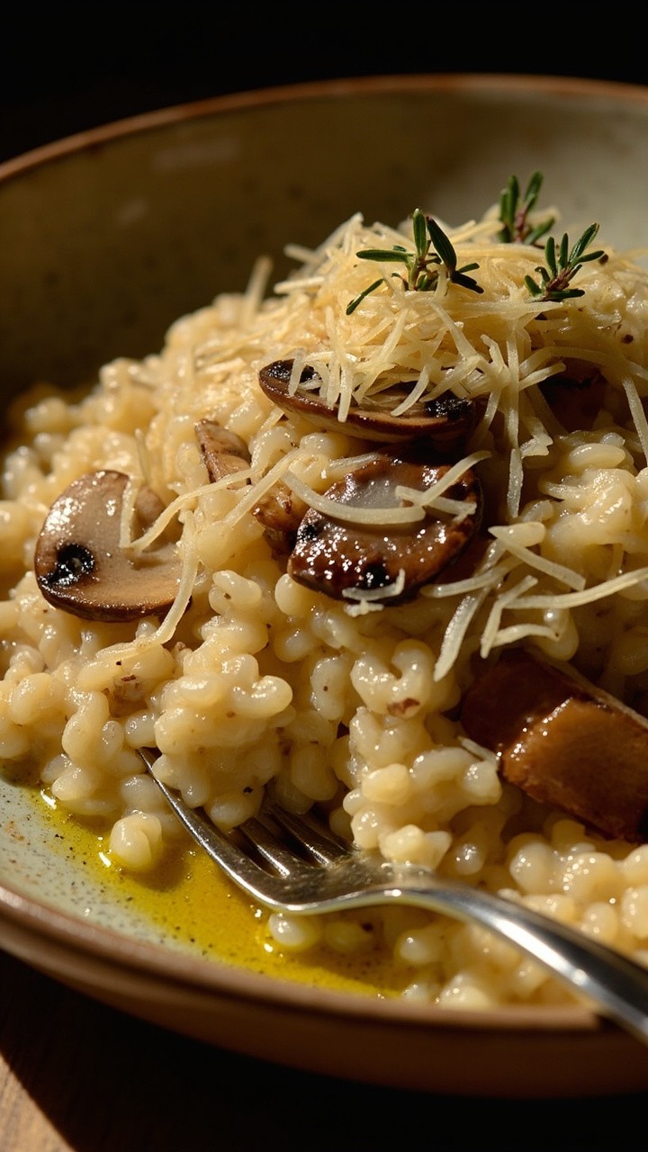A shallow bowl of creamy risotto dotted with sautéed mushrooms and generous flakes of cod, finished with a shower of grated Parmesan and a few thyme leaves. The dish is garnished with a drizzle of olive oil and served with a simple fork. A shallow bowl of creamy risotto dotted with sautéed mushrooms and generous flakes of cod, finished with a shower of grated Parmesan and a few thyme leaves. The dish is garnished with a drizzle of olive oil and served with a simple fork.