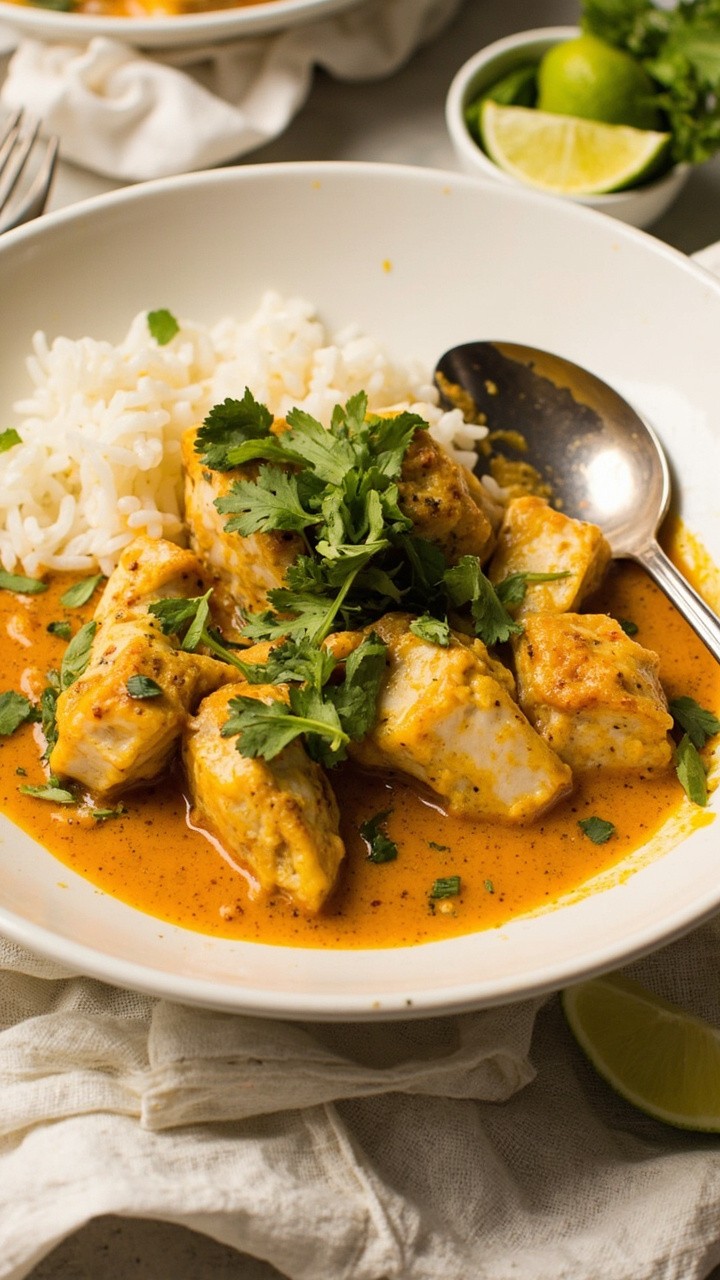 A shallow white bowl filled with fluffy white rice, topped with golden cod pieces in a vibrant orange coconut curry sauce, scattered with chopped cilantro. A spoon rests on a linen napkin, and lime wedges are nearby. A shallow white bowl filled with fluffy white rice, topped with golden cod pieces in a vibrant orange coconut curry sauce, scattered with chopped cilantro. A spoon rests on a linen napkin, and lime wedges are nearby.