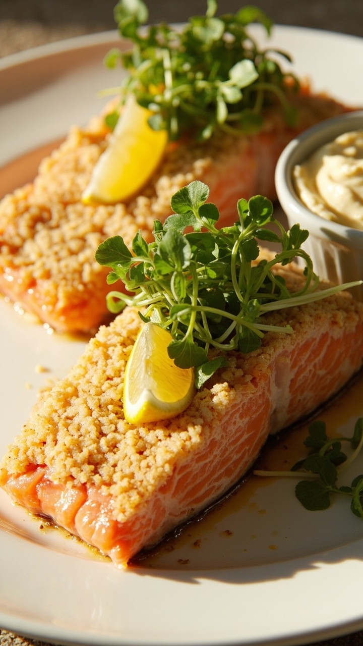 Salmon fillets coated in a thick, golden panko crust, arranged on a white dinner plate. Each fillet garnished with a small lemon wedge and a handful of microgreens, with a dipping ramekin of creamy aioli nearby.