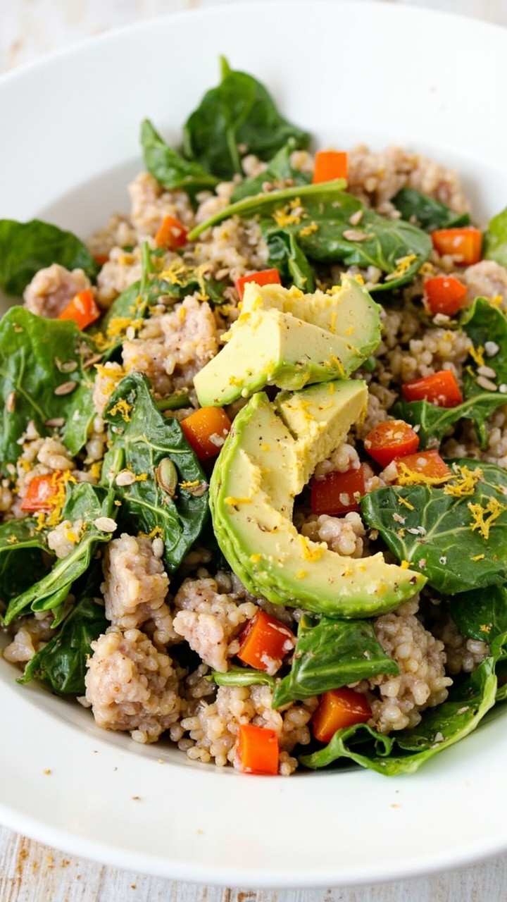 A shallow bowl with a base of fluffy quinoa, topped with spinach leaves, chunks of tuna, diced red bell pepper, and a scoop of creamy avocado, sprinkled with pumpkin seeds and lemon zest. A shallow bowl with a base of fluffy quinoa, topped with spinach leaves, chunks of tuna, diced red bell pepper, and a scoop of creamy avocado, sprinkled with pumpkin seeds and lemon zest.