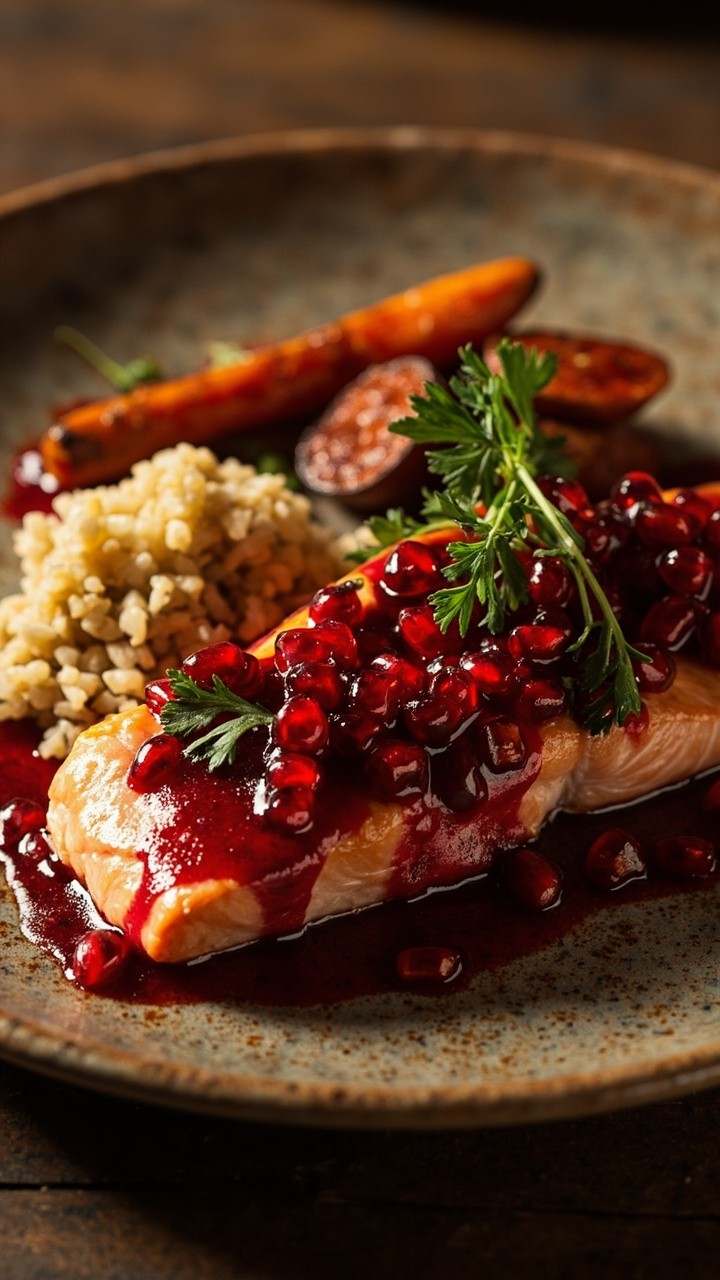 A platter of glossy salmon fillets drizzled with deep red pomegranate molasses, scattered with fresh pomegranate arils and sprigs of parsley. Served with a scoop of fluffy couscous and roasted carrots nearby, all arranged on a rustic stoneware plate.