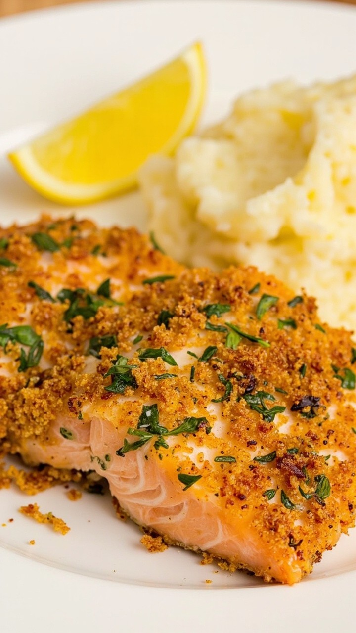 Salmon fillets topped with a golden, crispy crust of Parmesan, breadcrumbs, and flecks of green herbs. Edges browned and cheese bubbling. Served on a large white plate with a wedge of lemon and a scoop of creamy mashed potatoes on the side.