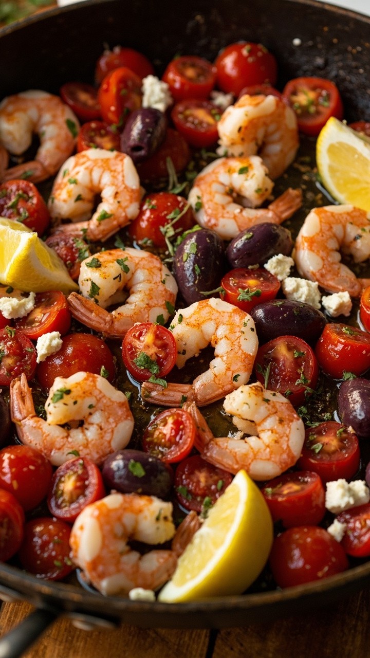 Shrimp nestled among cherry tomato halves, Kalamata olives, and crumbled feta in a gleaming skillet. Lemon wedges and a sprinkle of fresh oregano finish the dish. Shrimp nestled among cherry tomato halves, Kalamata olives, and crumbled feta in a gleaming skillet. Lemon wedges and a sprinkle of fresh oregano finish the dish.