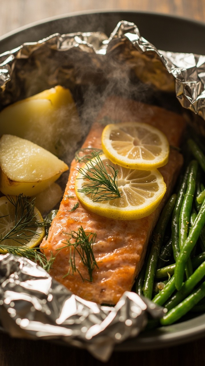 Salmon fillet nestled inside a shiny foil packet lined with translucent lemon slices and fresh fragrant dill sprigs. The packet is opened to reveal steam rolling off the pink flesh, set beside simple boiled potatoes and sautéed green beans.