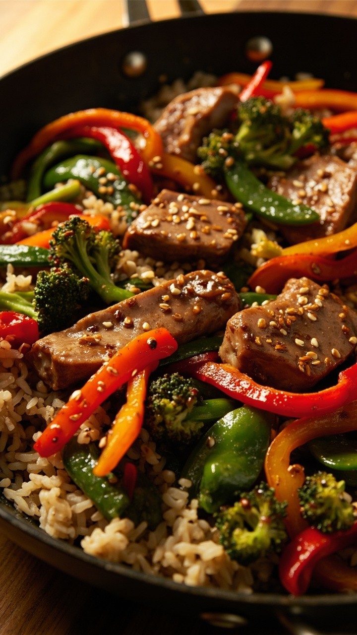 A deep, wide skillet filled with sautéed strips of bell pepper, broccoli florets, snap peas, and chunks of tuna, glossy from a soy-ginger sauce. Served on a bed of steamed brown rice in shallow bowls, scattered with sesame seeds. A deep, wide skillet filled with sautéed strips of bell pepper, broccoli florets, snap peas, and chunks of tuna, glossy from a soy-ginger sauce. Served on a bed of steamed brown rice in shallow bowls, scattered with sesame seeds.
