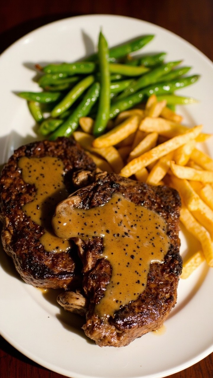 Juicy pan-seared steaks, topped with a crackled black pepper crust and glossy cognac cream sauce, sit on a round white plate. Spears of blanched green beans and a pile of golden matchstick fries are alongside.