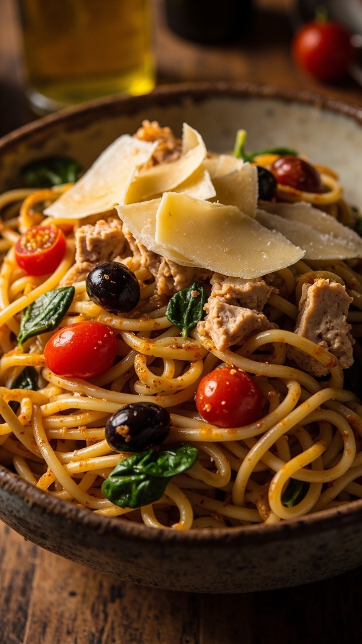 A wide pasta bowl filled with spaghetti tossed with chunky tuna, cherry tomatoes, sliced black olives, a scattering of baby spinach, and shavings of Parmesan, all glossed with olive oil. A wide pasta bowl filled with spaghetti tossed with chunky tuna, cherry tomatoes, sliced black olives, a scattering of baby spinach, and shavings of Parmesan, all glossed with olive oil.