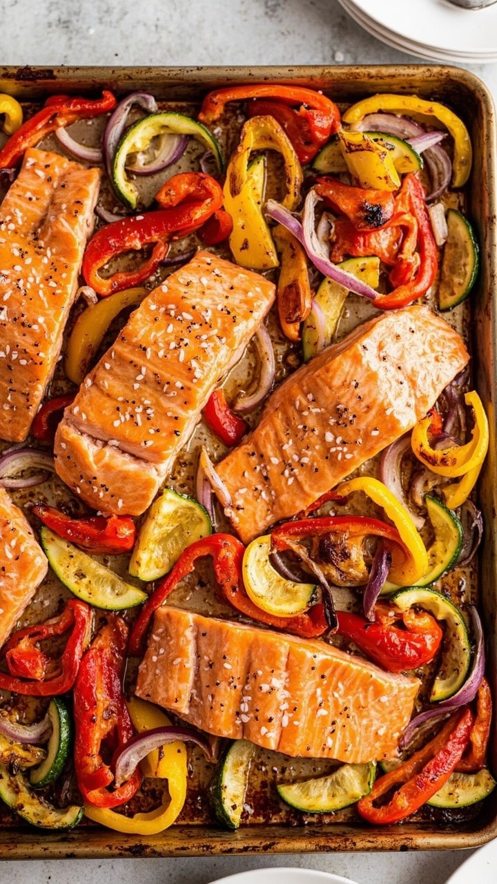 A sheet pan loaded with salmon fillets surrounded by vibrant roasted bell peppers, red onions, and zucchini slices, all drizzled with olive oil and a sprinkle of sea salt. Everything slightly caramelized on the edges. Served right off the tray onto white plates.
